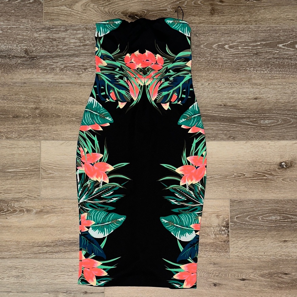 Express Black Strapless Dress with Floral Print